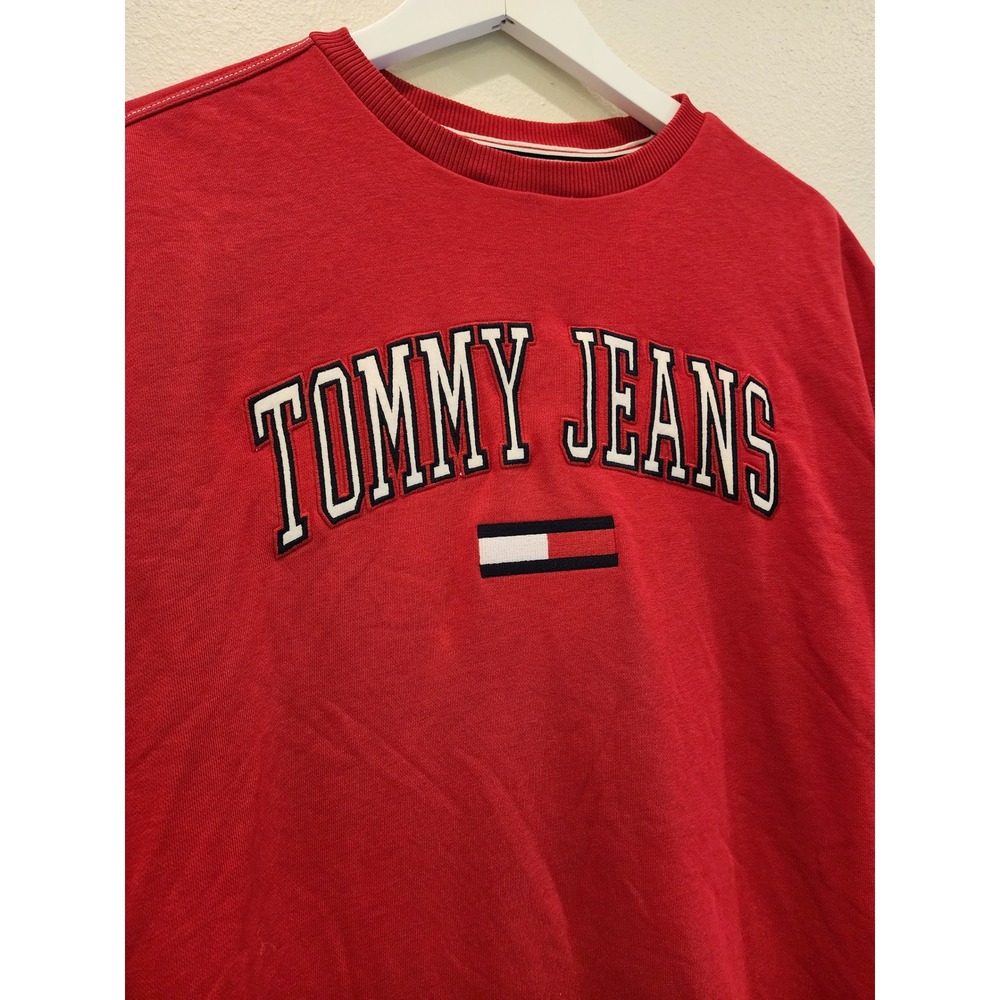 Tommy Jeans Womens XS Red Logo Oversized Sweatshirt Dress Side Zip Pullover - Picture 2 of 6